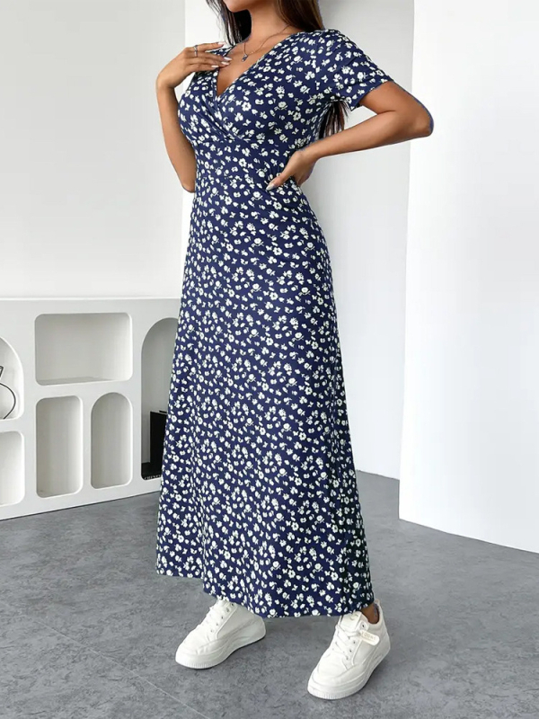 Határokon átnyúló európai és amerikai női 2025-ös nyári új Amazon nyomtatott V-nyakú rövid ujjú szexi szűk derekú virágmintás ruha