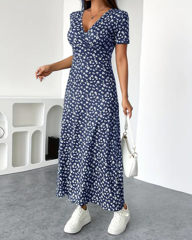 Határokon átnyúló európai és amerikai női 2025-ös nyári új Amazon nyomtatott V-nyakú rövid ujjú szexi szűk derekú virágmintás ruha