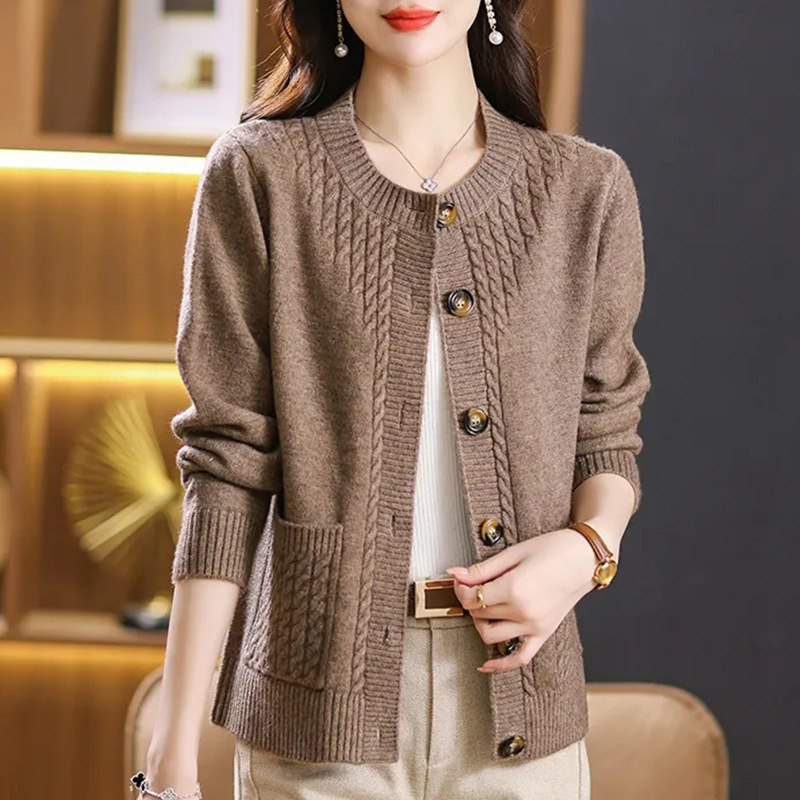 Luxus, laza felső, tavaszi és őszi, új stílusú, nyugati stílusú, kerek nyakú, mindenhez illő, csavart, kis méretű, pulóveres, kötött kardigán nőknek