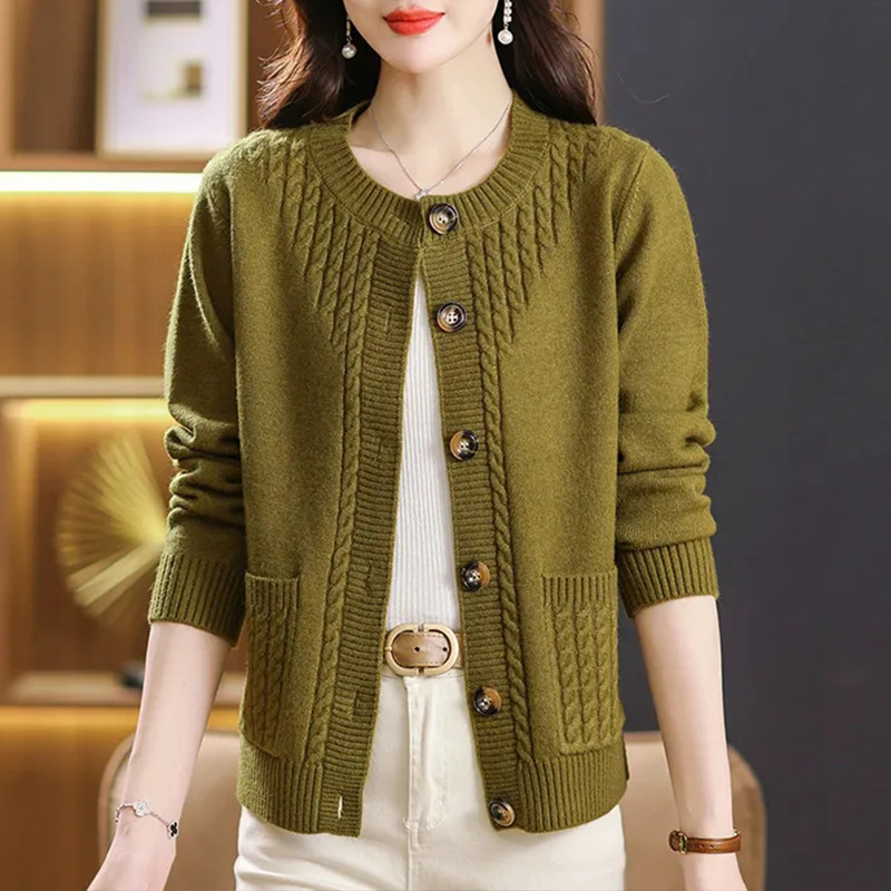 Luxus, laza felső, tavaszi és őszi, új stílusú, nyugati stílusú, kerek nyakú, mindenhez illő, csavart, kis méretű, pulóveres, kötött kardigán nőknek