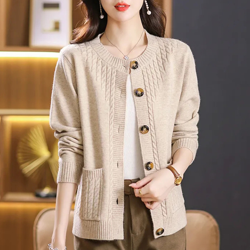 Luxus, laza felső, tavaszi és őszi, új stílusú, nyugati stílusú, kerek nyakú, mindenhez illő, csavart, kis méretű, pulóveres, kötött kardigán nőknek