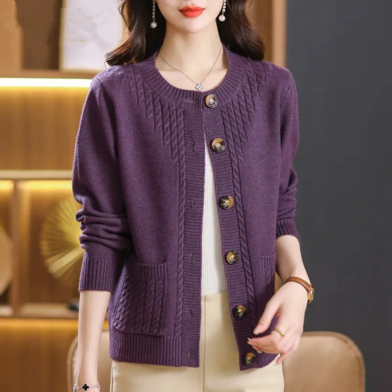 Luxus, laza felső, tavaszi és őszi, új stílusú, nyugati stílusú, kerek nyakú, mindenhez illő, csavart, kis méretű, pulóveres, kötött kardigán nőknek