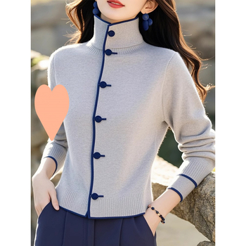 Cardigan tricotat gri cu guler înalt, gri, de nișă, de iarnă 2024, stil western, elegant, unic, de înaltă calitate, super atrăgător