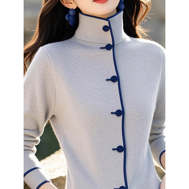 Cardigan tricotat gri cu guler înalt, gri, de nișă, de iarnă 2024, stil western, elegant, unic, de înaltă calitate, super atrăgător