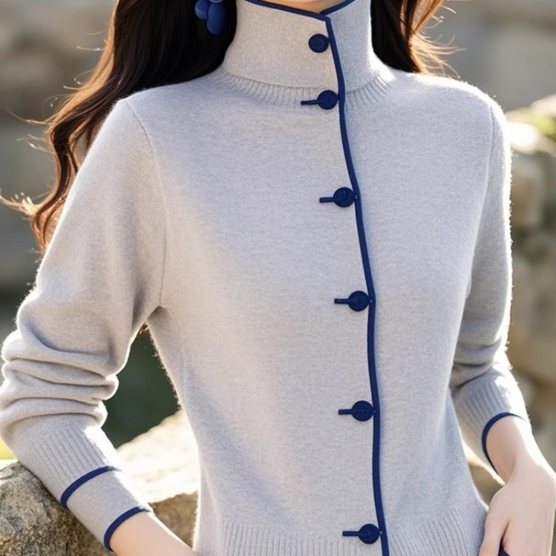 Cardigan tricotat gri cu guler înalt, gri, de nișă, de iarnă 2024, stil western, elegant, unic, de înaltă calitate, super atrăgător