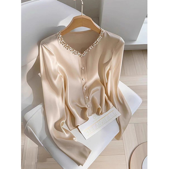 2024 kora őszi új, világos, luxus ecetsavas felső, francia elegáns, jó megjelenésű pezsgőszínű ing nőknek