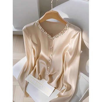 2024 kora őszi új, világos, luxus ecetsavas felső, francia elegáns, jó megjelenésű pezsgőszínű ing nőknek