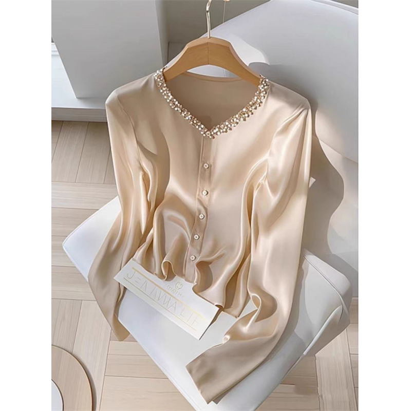 2024 kora őszi új, világos, luxus ecetsavas felső, francia elegáns, jó megjelenésű pezsgőszínű ing nőknek