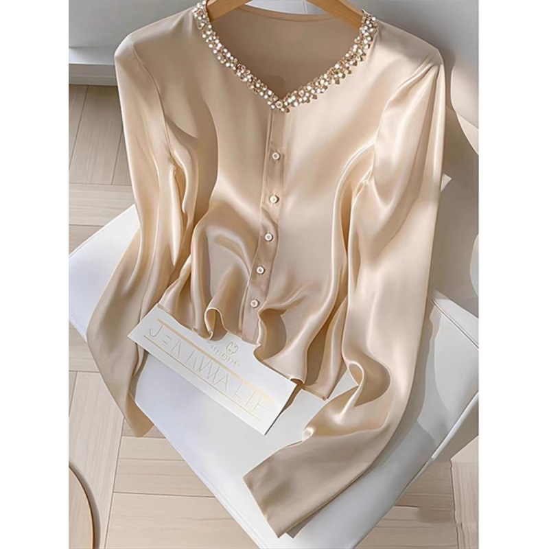 2024 kora őszi új, világos, luxus ecetsavas felső, francia elegáns, jó megjelenésű pezsgőszínű ing nőknek