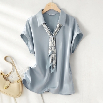 Azonos színű, csúcskategóriás selyemsál 2023-as nyári új divatos, egyszerű, sokoldalú, karcsúsító, V-nyakú, rövid ujjú női ing
