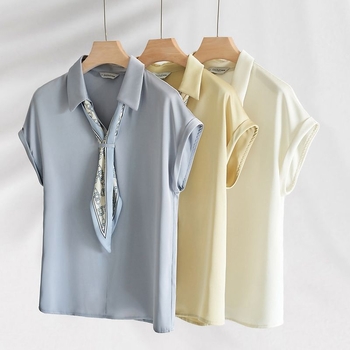 Azonos színű, csúcskategóriás selyemsál 2023-as nyári új divatos, egyszerű, sokoldalú, karcsúsító, V-nyakú, rövid ujjú női ing
