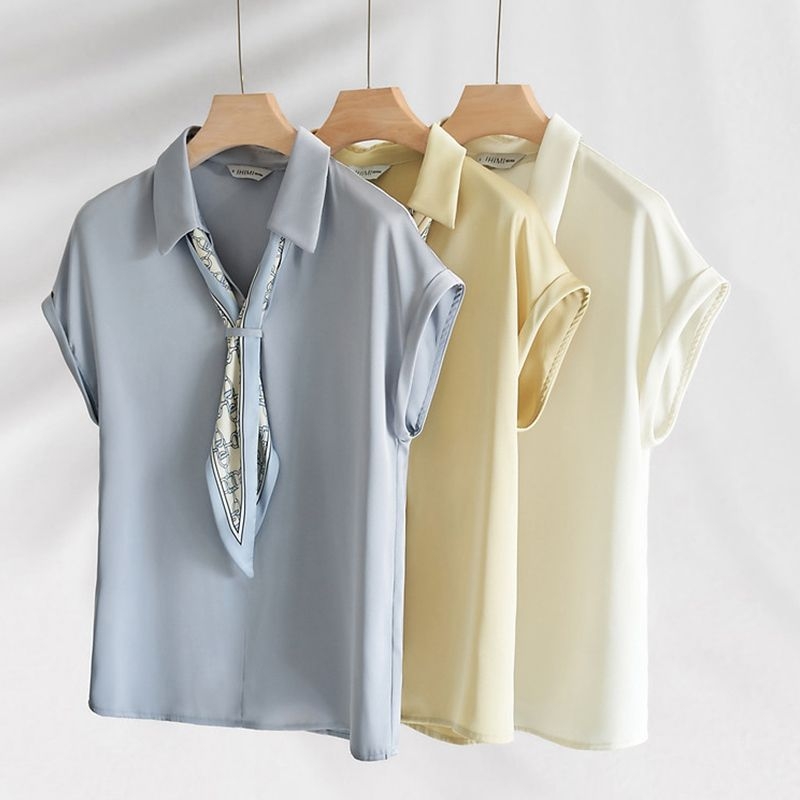 Azonos színű, csúcskategóriás selyemsál 2023-as nyári új divatos, egyszerű, sokoldalú, karcsúsító, V-nyakú, rövid ujjú női ing