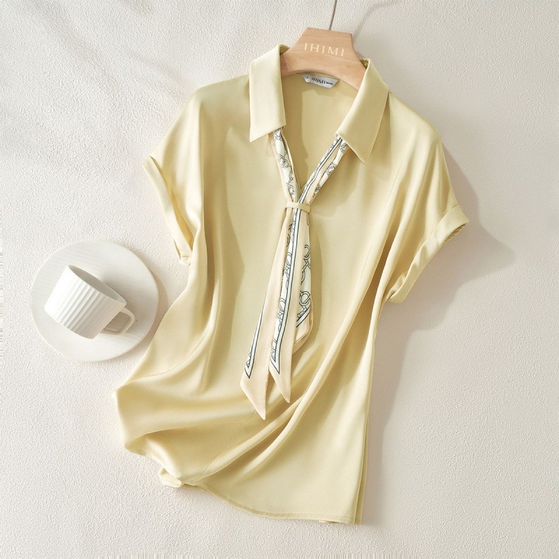 Azonos színű, csúcskategóriás selyemsál 2023-as nyári új divatos, egyszerű, sokoldalú, karcsúsító, V-nyakú, rövid ujjú női ing