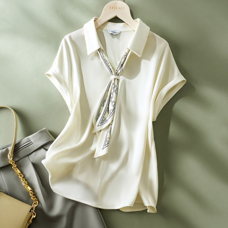 Azonos színű, csúcskategóriás selyemsál 2023-as nyári új divatos, egyszerű, sokoldalú, karcsúsító, V-nyakú, rövid ujjú női ing