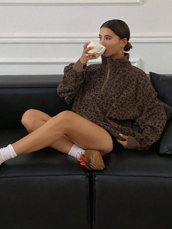 Prekogranična Amazon neovisna postaja europska i američka popularna ležerna majica s leopard printom i patentnim zatvaračem, Poio