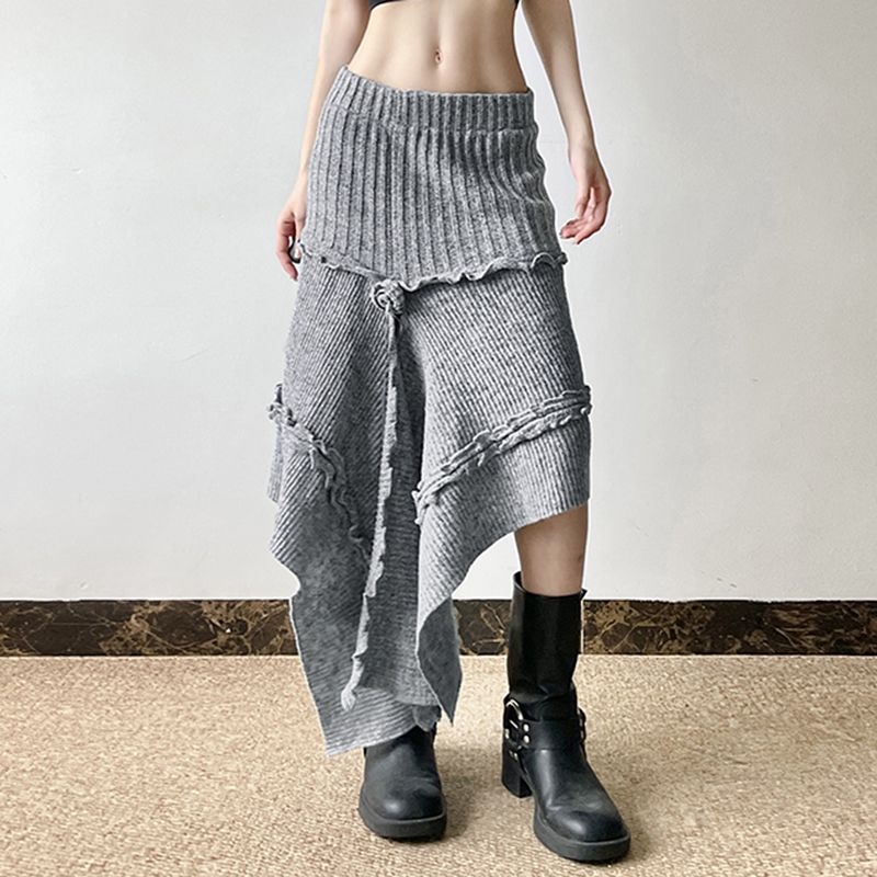 Fustă de lână neregulată de stradă europeană și americană 2025 pentru femei, toamnă, personalizată, la modă, cu îmbinare, plisată, din dantelă, îngroșată