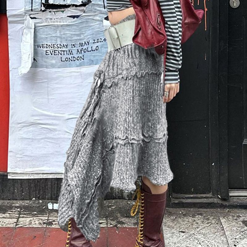 Fustă de lână neregulată de stradă europeană și americană 2025 pentru femei, toamnă, personalizată, la modă, cu îmbinare, plisată, din dantelă, îngroșată