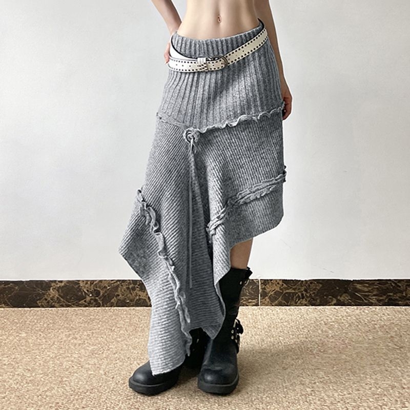 Fustă de lână neregulată de stradă europeană și americană 2025 pentru femei, toamnă, personalizată, la modă, cu îmbinare, plisată, din dantelă, îngroșată