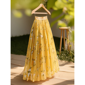 Κομψή και μοναδική μενταγιόν σε γαλλικό στιλ, κομψή, κίτρινη τυπωμένη φούστα, γυναικεία, καλοκαίρι 2025, νέο, ζεστό στυλ, υψηλό στυλ