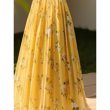 Κομψή και μοναδική μενταγιόν σε γαλλικό στιλ, κομψή, κίτρινη τυπωμένη φούστα, γυναικεία, καλοκαίρι 2025, νέο, ζεστό στυλ, υψηλό στυλ