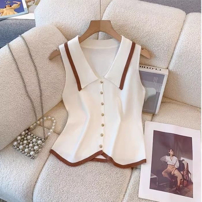 2025-ös nyári felsőkategóriás ujjatlan, francia hajtókás, kötött mellény, nadrágtartós, aszimmetrikus, karcsúsított, rövid felső