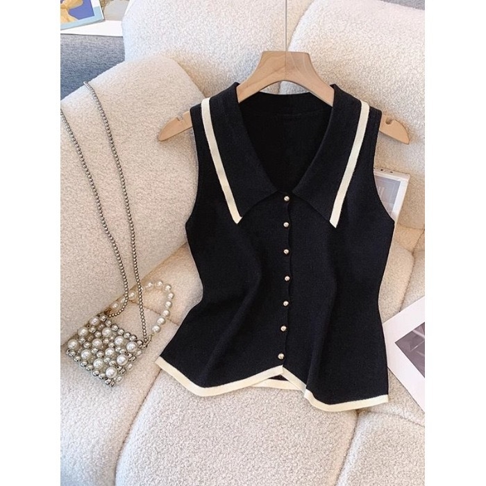 2025-ös nyári felsőkategóriás ujjatlan, francia hajtókás, kötött mellény, nadrágtartós, aszimmetrikus, karcsúsított, rövid felső