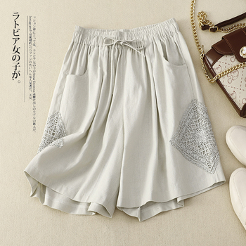 Real shot 2025 nyári új pamut és lenvászon lezser nadrág, női csipkevarrásos bő nadrág, plus size vékony rövidnadrág