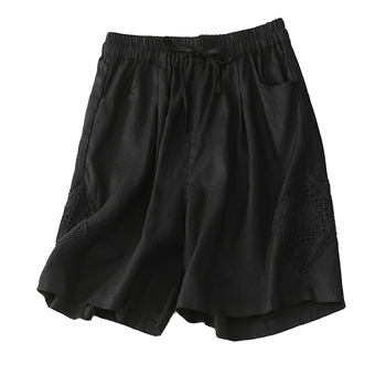 Real shot 2025 nyári új pamut és lenvászon lezser nadrág, női csipkevarrásos bő nadrág, plus size vékony rövidnadrág