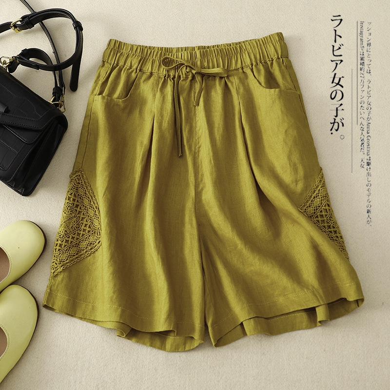 Real shot 2025 nyári új pamut és lenvászon lezser nadrág, női csipkevarrásos bő nadrág, plus size vékony rövidnadrág