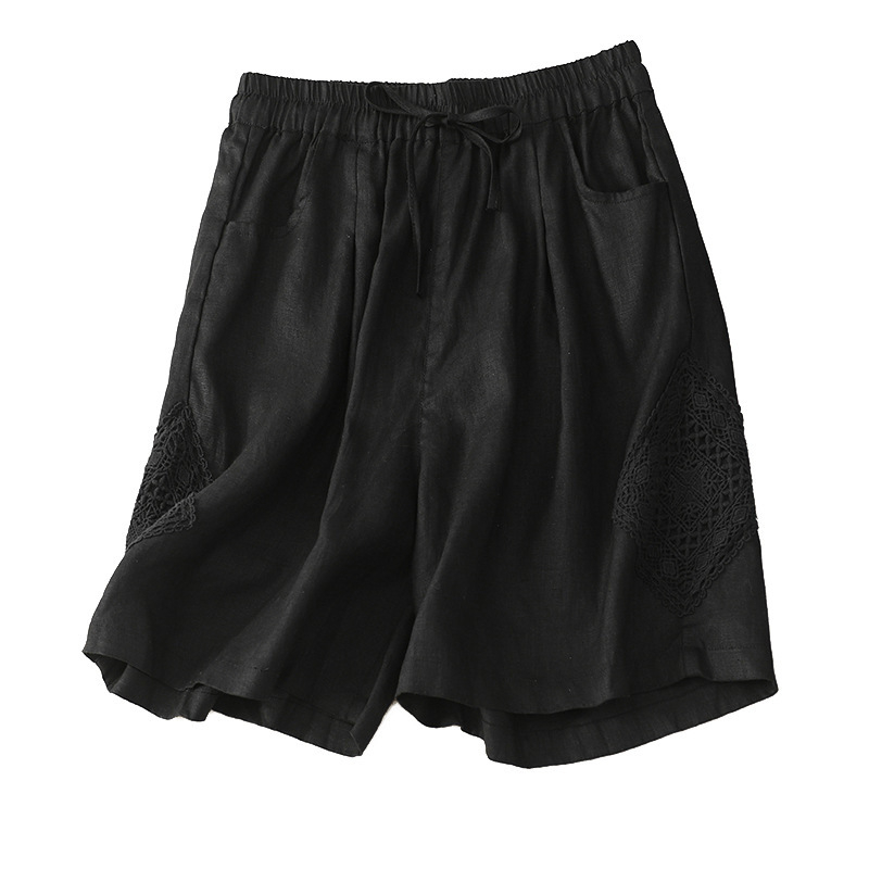 Real shot 2025 nyári új pamut és lenvászon lezser nadrág, női csipkevarrásos bő nadrág, plus size vékony rövidnadrág