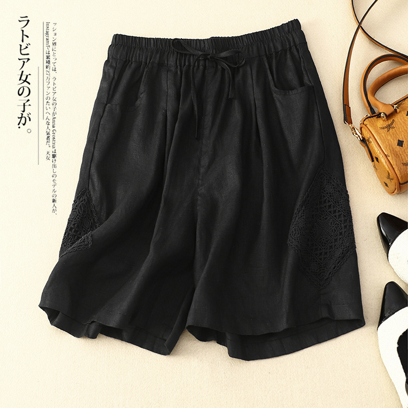Real shot 2025 nyári új pamut és lenvászon lezser nadrág, női csipkevarrásos bő nadrág, plus size vékony rövidnadrág