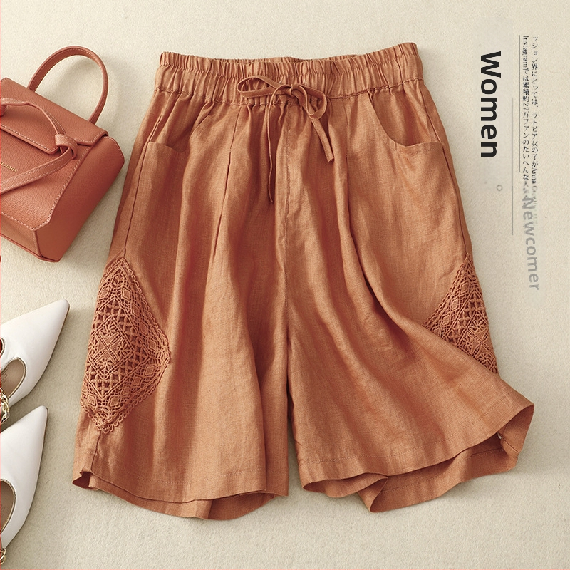 Real shot 2025 nyári új pamut és lenvászon lezser nadrág, női csipkevarrásos bő nadrág, plus size vékony rövidnadrág
