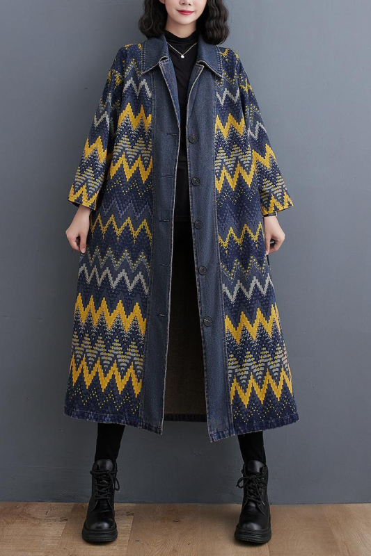 Ρετρό πλυμένο τζιν παλτό plus size 2023 φθινόπωρο και χειμώνας 200kg casual, μακριά τζιν trench coat