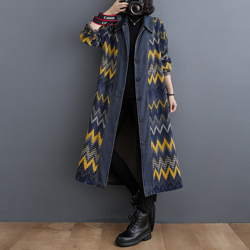 Ρετρό πλυμένο τζιν παλτό plus size 2023 φθινόπωρο και χειμώνας 200kg casual, μακριά τζιν trench coat