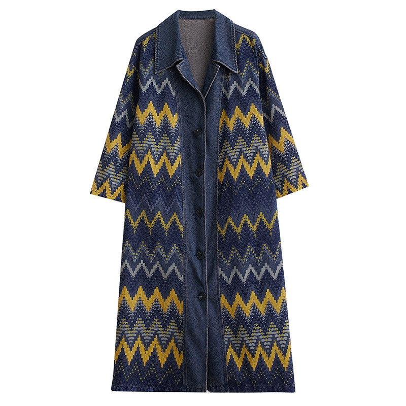 Ρετρό πλυμένο τζιν παλτό plus size 2023 φθινόπωρο και χειμώνας 200kg casual, μακριά τζιν trench coat