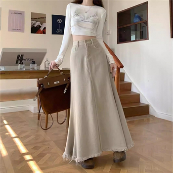 Φούστα τζιν με ντεκαπάζ σε niche design, γυναικεία, ρετρό, ψηλόμεση φούστα με ουρά ψαριού, μακριά φούστα σε γραμμή Α