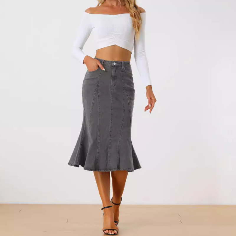 Európai és amerikai rugalmas szoknya nőknek 2025 új halszálka szoknya divatos farmer szoknya elegáns ingázó mosott szoknya