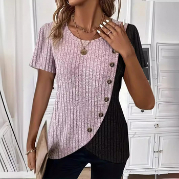 2024 nyári, határokon átnyúló külkereskedelmi európai és amerikai kerek nyakú, színblokkos, bordázott, keresztbe vágott szegélyű, rövid ujjú kötött póló, azonos stílusban a határokon átnyúló kereskedelemhez