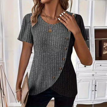 Καλοκαιρινό μπλουζάκι με κοντομάνικο πλεκτό μπλουζάκι, στρογγυλή λαιμόκοψη, χρωματιστά μπλοκ ριμπ ύφανση, σταυρωτά τελείωμα, για διασυνοριακό εμπόριο, Ευρωπαϊκό και Αμερικανικό εμπόριο, στο ίδιο στυλ