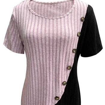 Καλοκαιρινό μπλουζάκι με κοντομάνικο πλεκτό μπλουζάκι, στρογγυλή λαιμόκοψη, χρωματιστά μπλοκ ριμπ ύφανση, σταυρωτά τελείωμα, για διασυνοριακό εμπόριο, Ευρωπαϊκό και Αμερικανικό εμπόριο, στο ίδιο στυλ