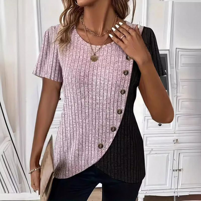 2024 nyári, határokon átnyúló külkereskedelmi európai és amerikai kerek nyakú, színblokkos, bordázott, keresztbe vágott szegélyű, rövid ujjú kötött póló, azonos stílusban a határokon átnyúló kereskedelemhez