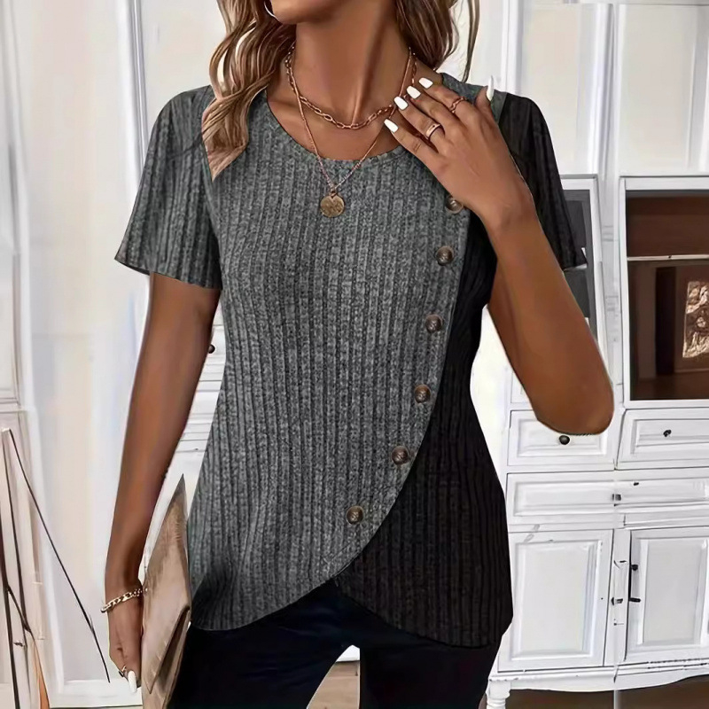 2024 nyári, határokon átnyúló külkereskedelmi európai és amerikai kerek nyakú, színblokkos, bordázott, keresztbe vágott szegélyű, rövid ujjú kötött póló, azonos stílusban a határokon átnyúló kereskedelemhez