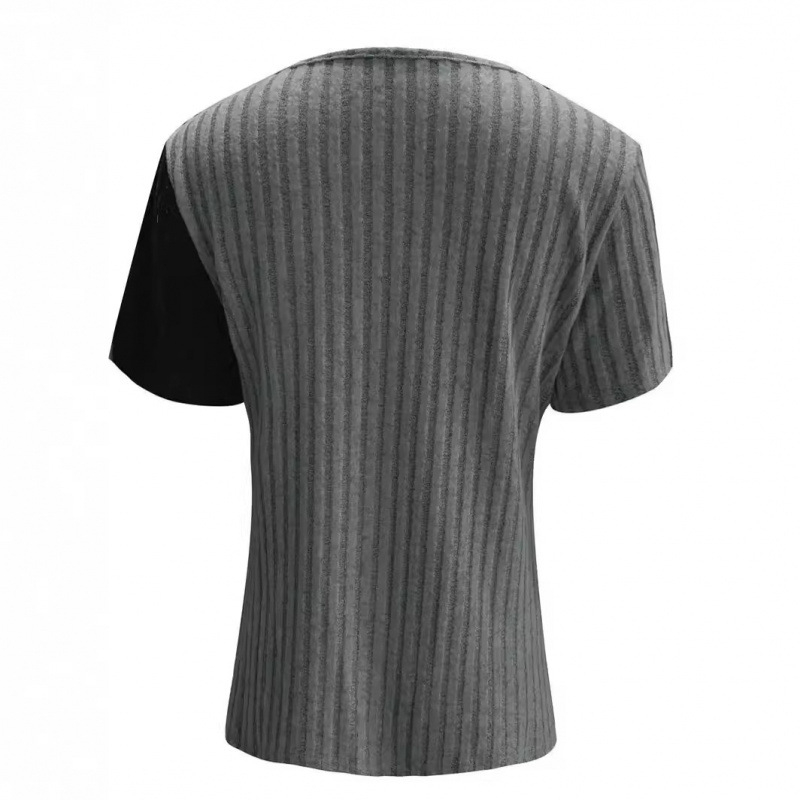 2024 nyári, határokon átnyúló külkereskedelmi európai és amerikai kerek nyakú, színblokkos, bordázott, keresztbe vágott szegélyű, rövid ujjú kötött póló, azonos stílusban a határokon átnyúló kereskedelemhez