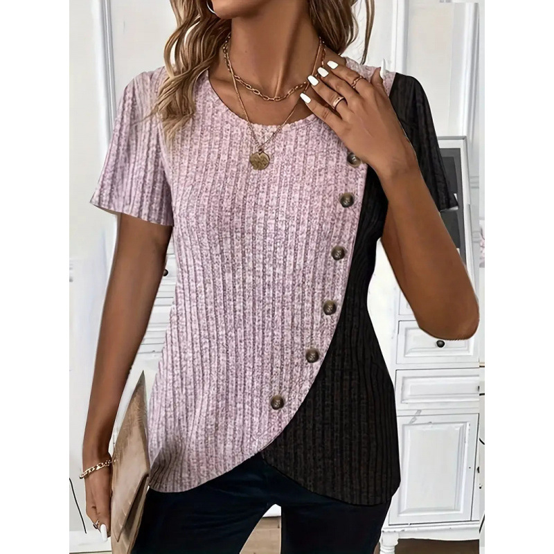 2024 nyári, határokon átnyúló külkereskedelmi európai és amerikai kerek nyakú, színblokkos, bordázott, keresztbe vágott szegélyű, rövid ujjú kötött póló, azonos stílusban a határokon átnyúló kereskedelemhez