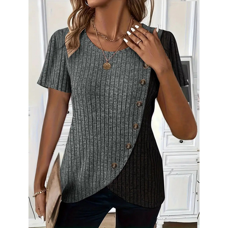 2024 nyári, határokon átnyúló külkereskedelmi európai és amerikai kerek nyakú, színblokkos, bordázott, keresztbe vágott szegélyű, rövid ujjú kötött póló, azonos stílusban a határokon átnyúló kereskedelemhez