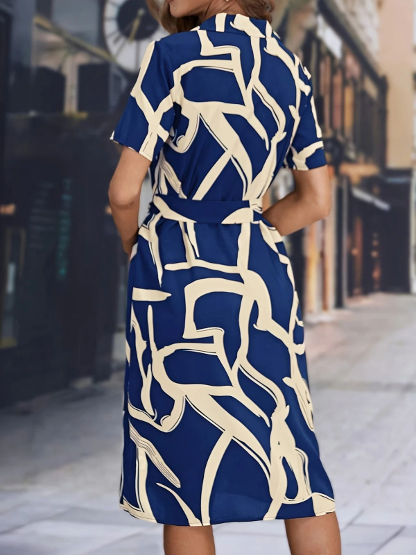 Határokon átnyúló, foltos, európai és amerikai retró derékkal karcsúsító megjelenésű, nyomtatott ünnepi hosszú szoknya, öv, V-nyakú, rövid ujjú női ruha