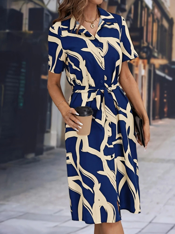 Határokon átnyúló, foltos, európai és amerikai retró derékkal karcsúsító megjelenésű, nyomtatott ünnepi hosszú szoknya, öv, V-nyakú, rövid ujjú női ruha