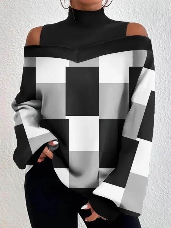 Határokon átnyúló exkluzív ajánlat a 2024shopify tavaszi női ruházatára, vállpántos, lámpás ujjú mintás felső.