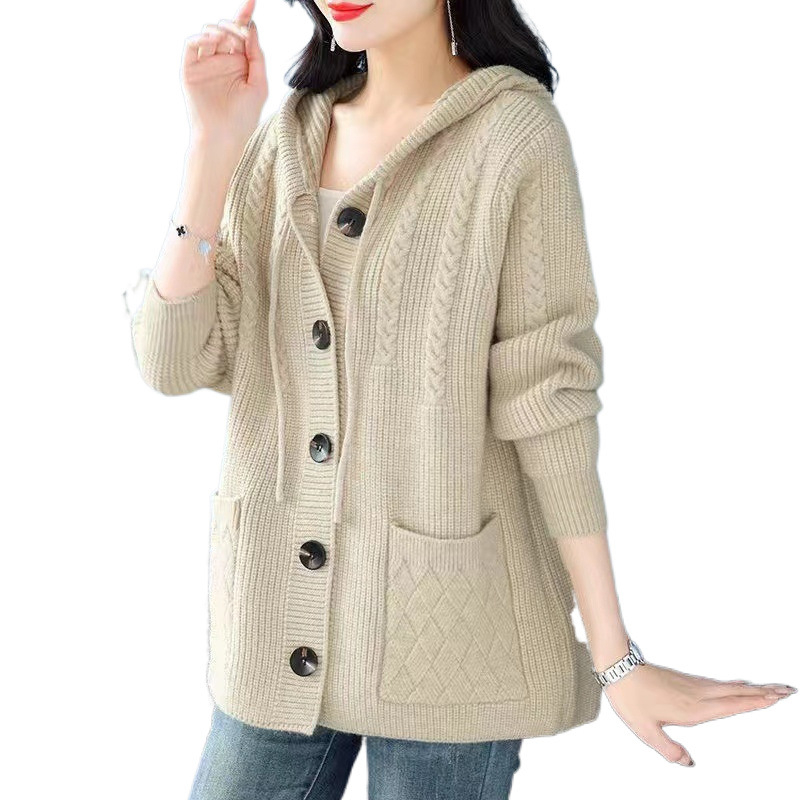 Tavaszi és őszi anyák rövid kötött kabátja, női középkorú és idős, bő, vastagított kötött pulóver, kapucnis kabát, női felső