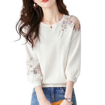 Üreges jégselyemmel kötött női hétpontos ujjú, 2023-as tavaszi/nyári új, hímzett, virágmintás, karcsúsító, nyugati stílusú felsőrész